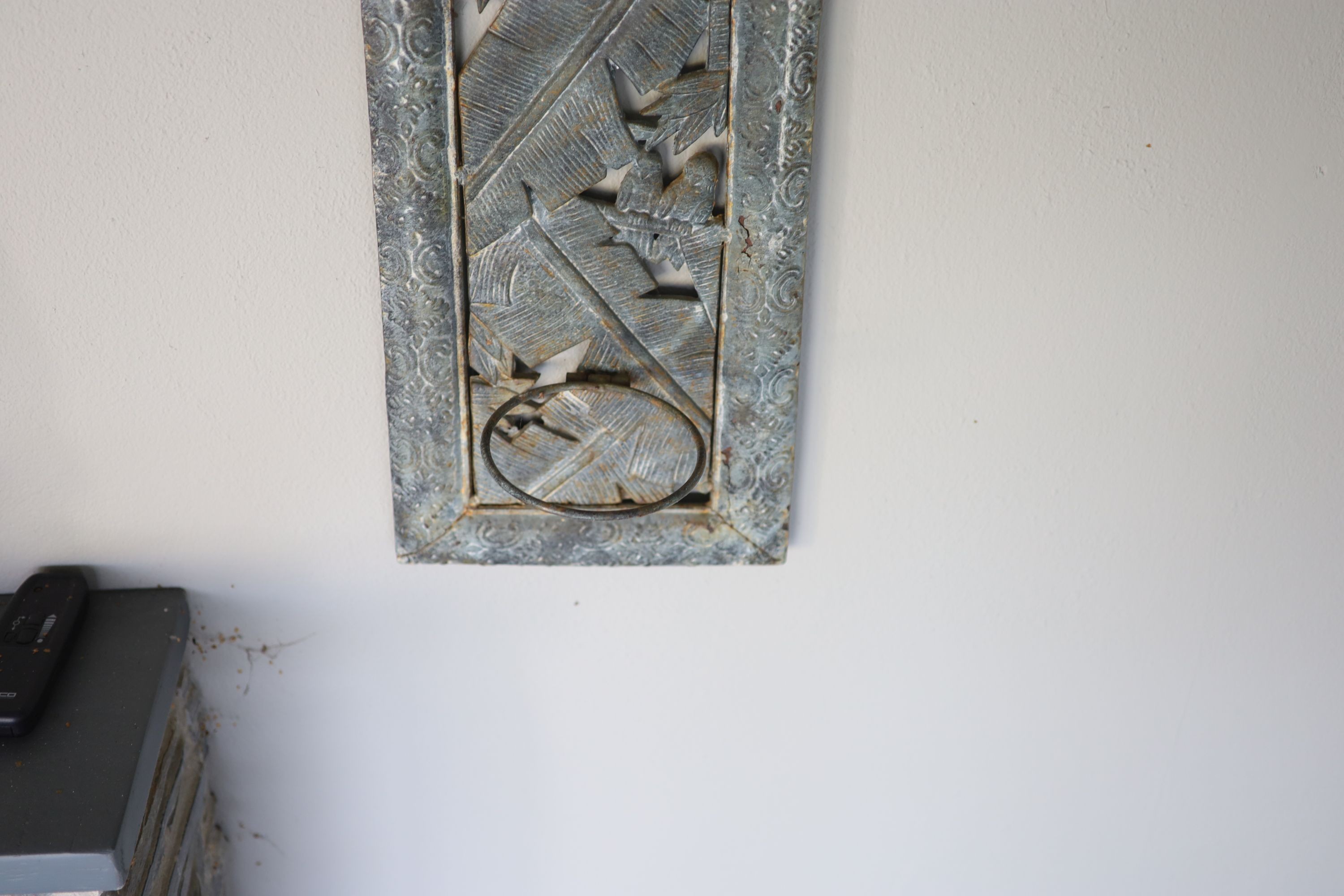 A pair of oxidised metal wall mounted plant pot holders, with bamboo and bird backs, 79 x 26cm